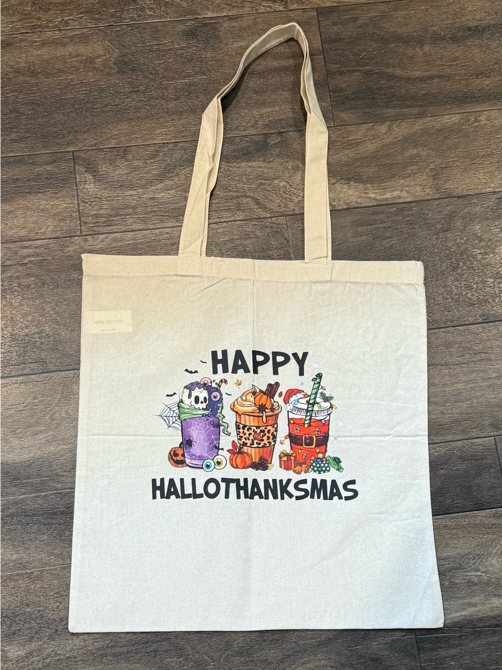 Happy Hallothanksmas Canvas Tote Bag - handcrafted 15 x 16